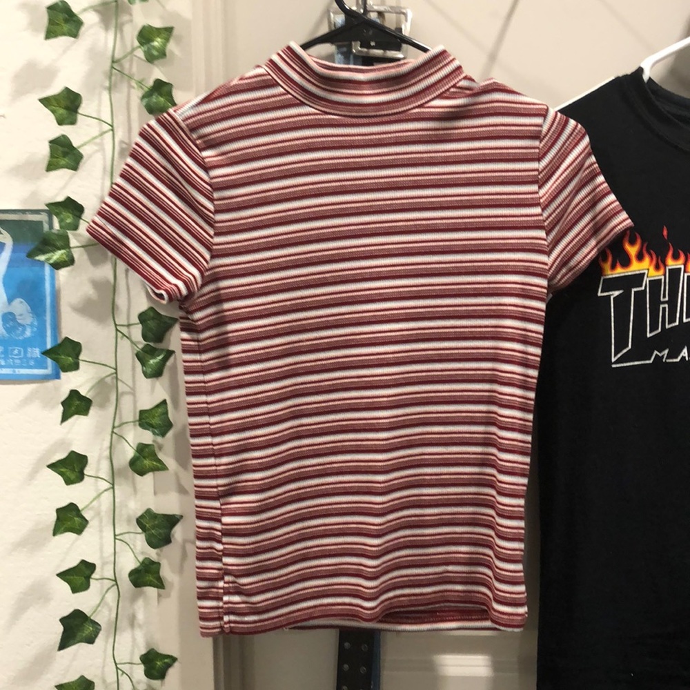 stripped turtleneck-ish short sleeved shirt.